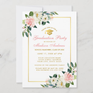 Graduation Party roze Floral Gold Invitation GP Kaart