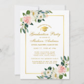 Graduation Party roze Floral Gold Invitation Kaart (Voorkant)