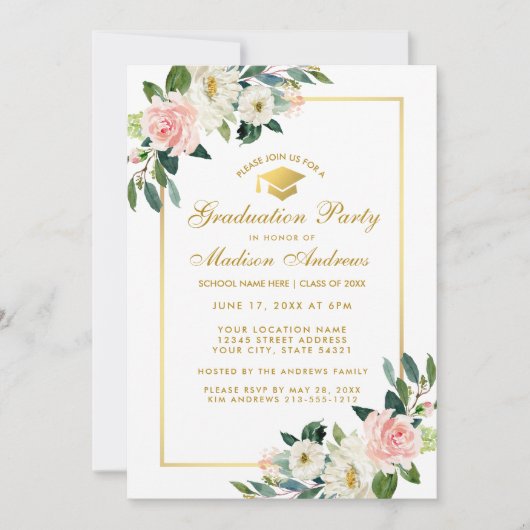 Graduation Party roze Floral Gold Invitation Kaart (Voorkant)