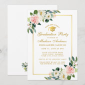 Graduation Party roze Floral Gold Invitation Kaart (Voorkant / Achterkant)