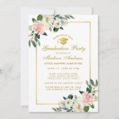 Graduation Party roze Floral Gold Invitation P Kaart (Voorkant)