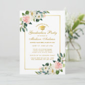 Graduation Party roze Floral Gold Invitation P Kaart (Staand voorkant)