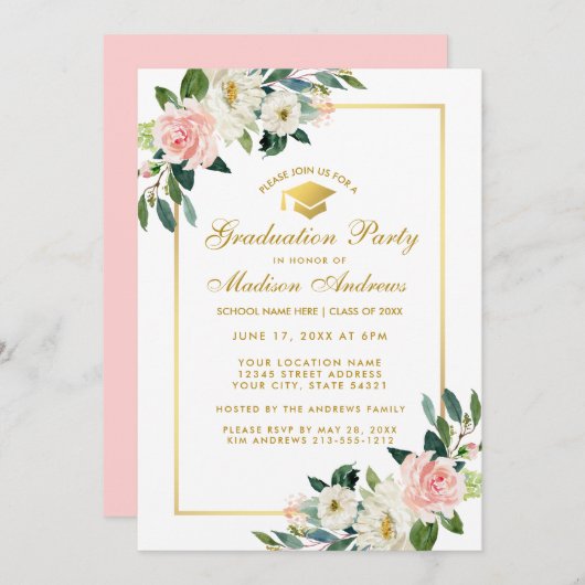 Graduation Party roze Floral Gold Invitation P Kaart (Voorkant / Achterkant)