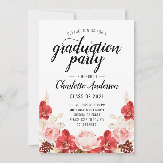 Graduation Party roze Red Waterverf Floral Kaart (Voorkant)