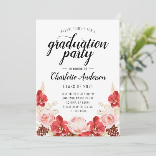 Graduation Party roze Red Waterverf Floral Kaart (Staand voorkant)
