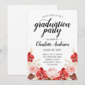Graduation Party roze Red Waterverf Floral Kaart (Voorkant / Achterkant)