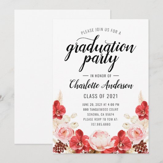 Graduation Party roze Red Waterverf Floral Kaart (Voorkant / Achterkant)