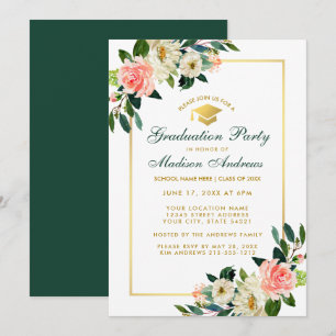 Graduation Party roze tropical Floral Invite Kaart