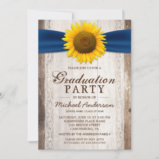 Graduation Party Rustic Barn Wood Sunflower Ribbon Kaart (Voorkant)