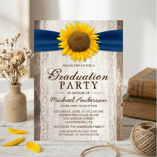 Graduation Party Rustic Barn Wood Sunflower Ribbon Kaart