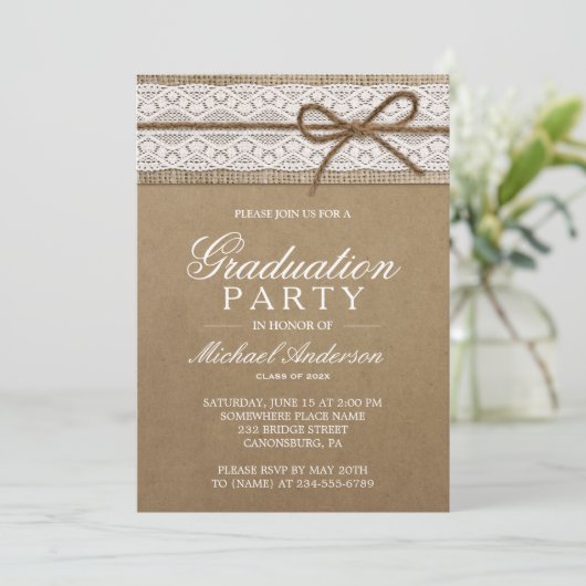 Graduation Party Rustic Burlap String Bow Lace Kaart (Staand voorkant)
