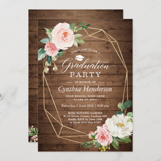 Graduation Party Rustic Geometric Blush Floral Kaart (Voorkant / Achterkant)