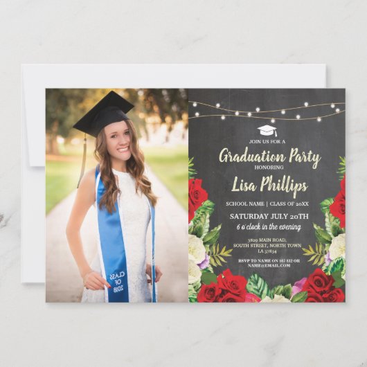 Graduation Party Rustic Red Roses Chalk Foto Kaart (Voorkant)