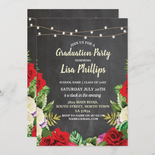 Graduation Party Rustic Red Roses Chalk Invite Kaart (Voorkant / Achterkant)