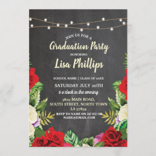 Graduation Party Rustic Red Roses Chalk Invite Kaart