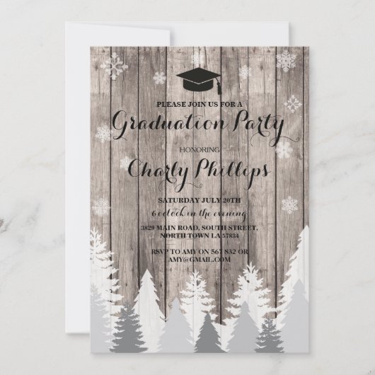 Graduation Party Rustic Winter Forest Trees Invite Kaart (Voorkant)
