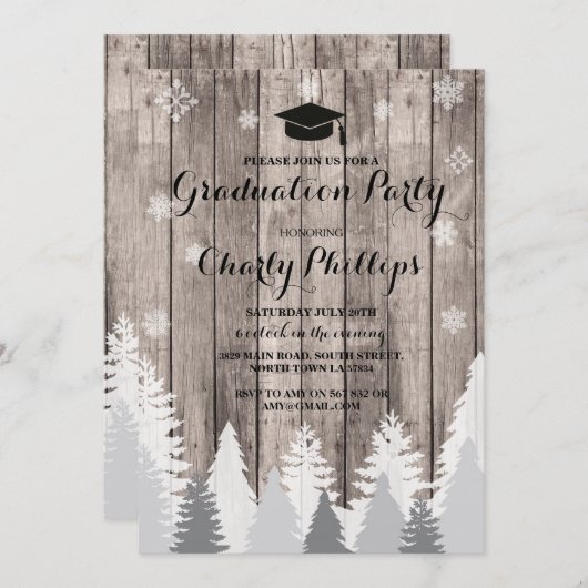 Graduation Party Rustic Winter Forest Trees Invite Kaart (Voorkant / Achterkant)