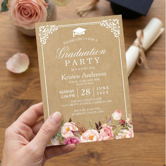 Graduation Party | Rustige Floral Lijst Kraft Kaart