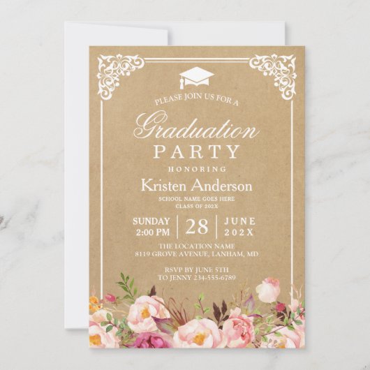 Graduation Party | Rustige Floral Lijst Kraft Kaart (Voorkant)