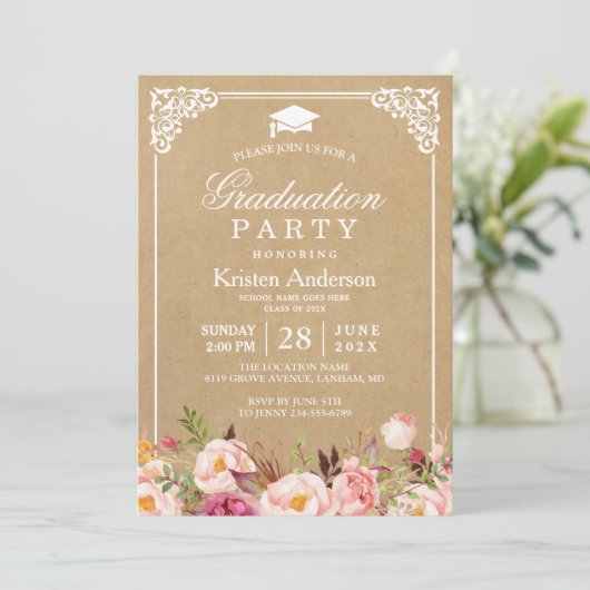 Graduation Party | Rustige Floral Lijst Kraft Kaart (Staand voorkant)