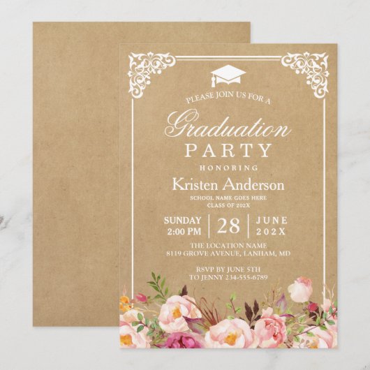 Graduation Party | Rustige Floral Lijst Kraft Kaart (Voorkant / Achterkant)
