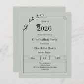 Graduation party Sage Green She did it invitation (Voorkant / Achterkant)
