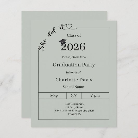 Graduation party Sage Green She did it invitation (Voorkant / Achterkant)