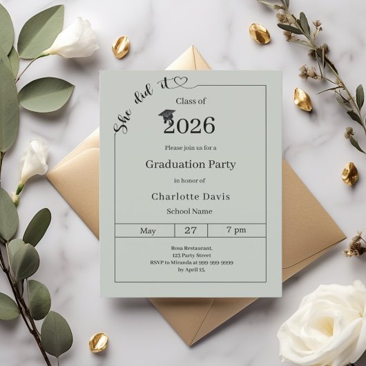 Graduation party Sage Green She did it invitation
