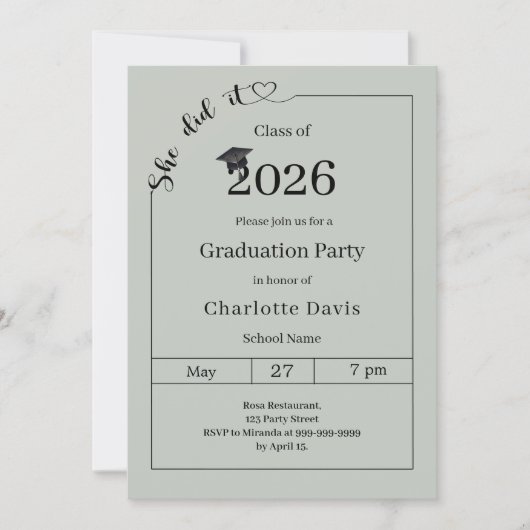 Graduation party sage green She did it Kaart (Voorkant)