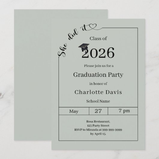 Graduation party sage green She did it Kaart (Voorkant / Achterkant)