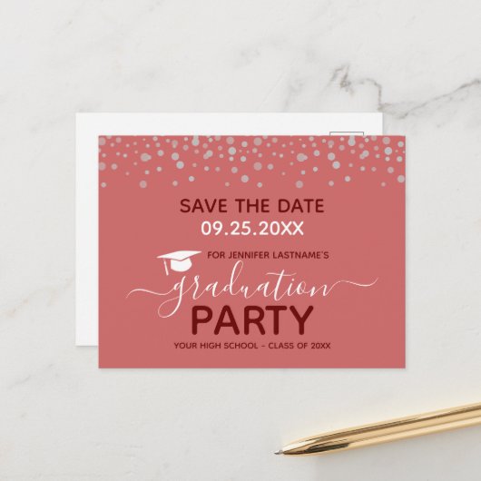 Graduation Party Save the Date Invitation Briefkaa Briefkaart (Voorkant / Achterkant in situ)