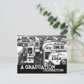 Graduation Party School Bus Black White Invitation Kaart (Staand voorkant)