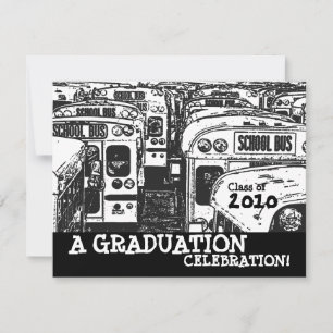 Graduation Party School Bus Black White Invitation Kaart