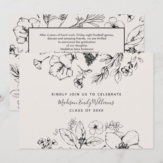 Graduation Party Script Blush Botanical Floral Kaart (Voorkant / Achterkant)
