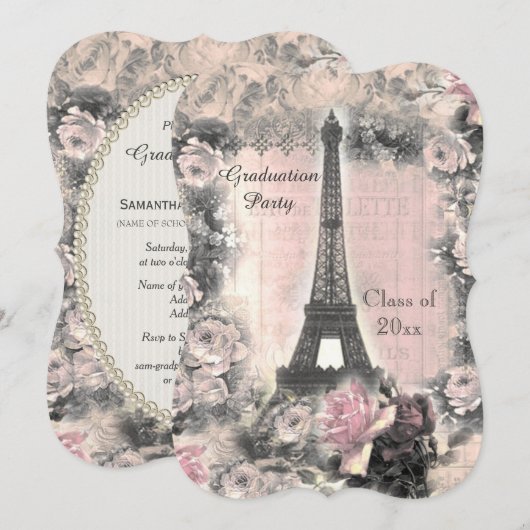 Graduation Party Shabby Chic Eiffel Tower & Rozen Kaart (Voorkant / Achterkant)