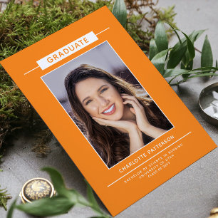 Graduation Party Simple Modern Script Photo Oranje Kaart