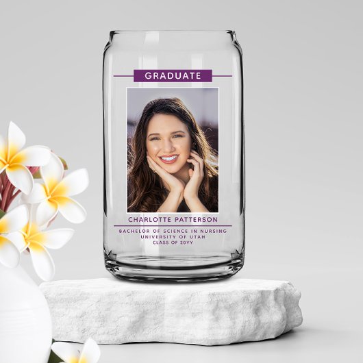 Graduation Party Simple Modern Script Photo Paars Blikvorm Glas