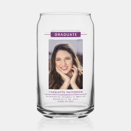 Graduation Party Simple Modern Script Photo Paars Blikvorm Glas (Achterkant)