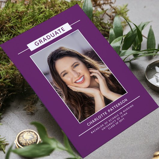 Graduation Party Simple Modern Script Photo Paars Kaart