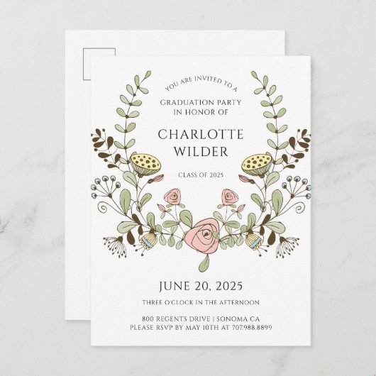 Graduation Party Spring Flowers Uitnodiging Briefkaart (Voorkant / Achterkant)