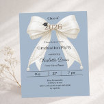 Graduation party steel blue ivory bow invitation<br><div class="desc">Celebrate your achievement with this elegant ivory bow graduation invitation. The design features a large, sophisticated satin ribbon adorned with delicate pearl strings and a subtle mortarboard icon. A dusty steel blue colored background. It is the perfect choice for high school or college seniors looking for a feminine and chic...</div>