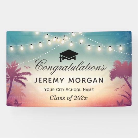 Graduation Party String Lights Summer Palm Trees Spandoek (Horizontaal)