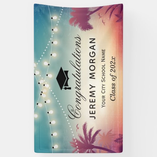 Graduation Party String Lights Summer Palm Trees Spandoek (Verticaal)