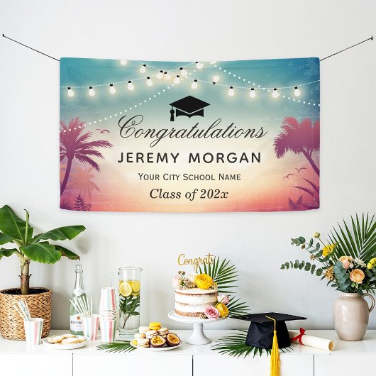 Graduation Party String Lights Summer Palm Trees Spandoek