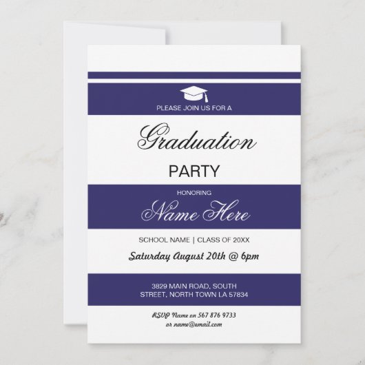 Graduation Party Stripe Navy White Invite Afstuder Kaart (Voorkant)