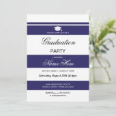Graduation Party Stripe Navy White Invite Afstuder Kaart (Staand voorkant)