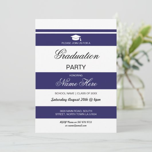 Graduation Party Stripe Navy White Invite Afstuder Kaart (Staand voorkant)