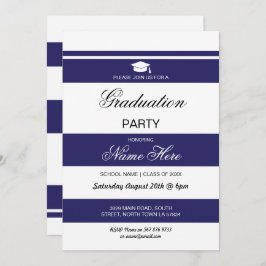 Graduation Party Stripe Navy White Invite Afstuder Kaart