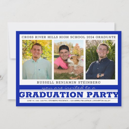 Graduation Party Three Photos Royal Blue & Silver Kaart (Voorkant)