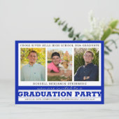 Graduation Party Three Photos Royal Blue & Silver Kaart (Staand voorkant)